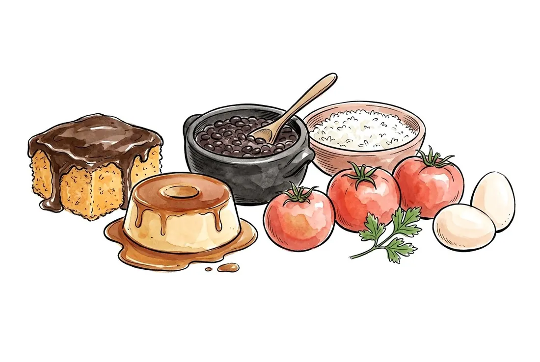 Ilustração em aquarela de bolo de cenoura, pudim, feijão, arroz, tomates e ovos