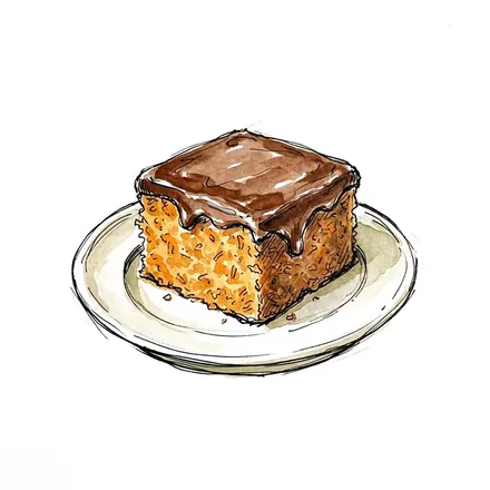 Ilustração em aquarela de uma fatia de bolo de cenoura com cobertura de chocolate
