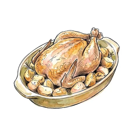 Ilustração em aquarela: frango assado com batatas