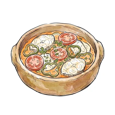 Ilustração em aquarela: moqueca de peixe baiana