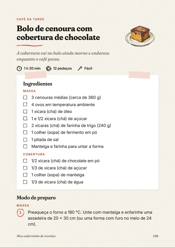 Primeira página do bolo de cenoura, com o cartão de ingredientes