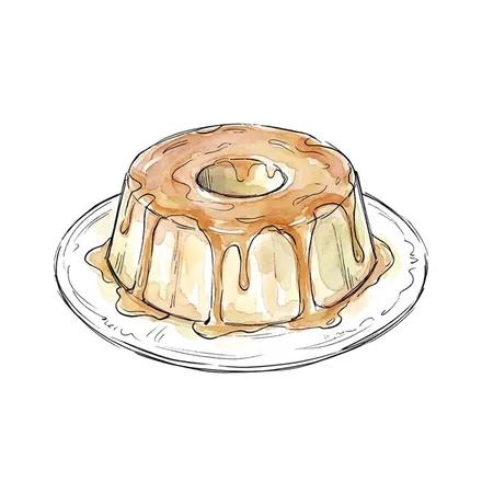 Ilustração em aquarela: pudim de leite condensado
